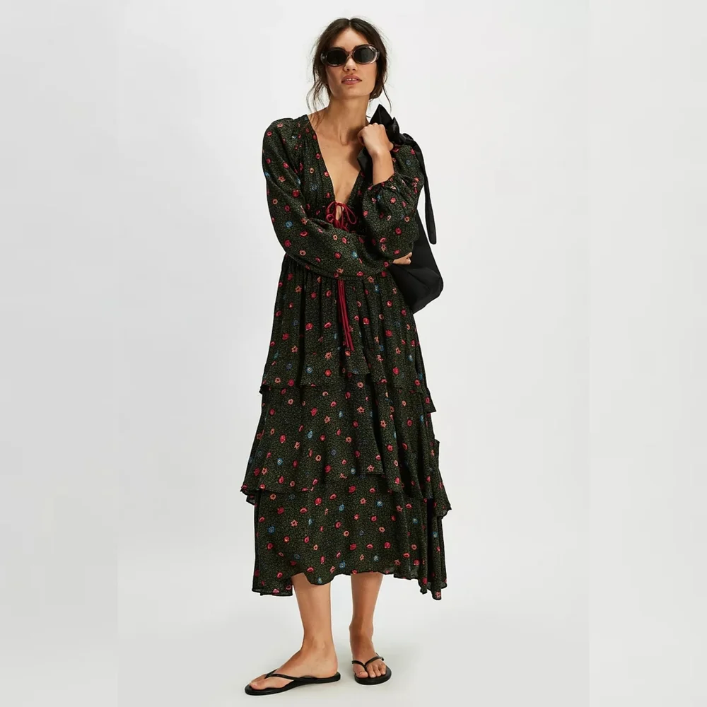 Free People Tried And True Maxi Dress Green Floral‎ Print Women's